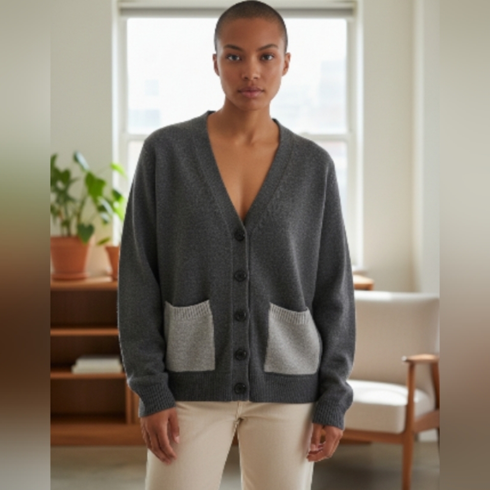 Ganni 100% Merino Wool Button Up‎ Minimalist Neutral Oversized Office Cardigan S